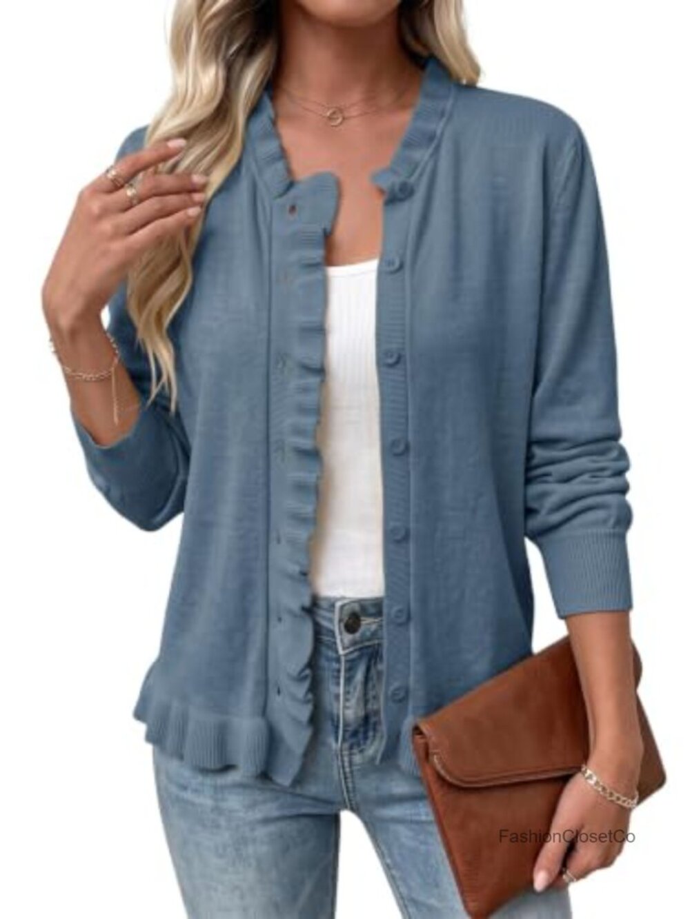 Ruffle Trim Button Front Knit Cardigan Sweater